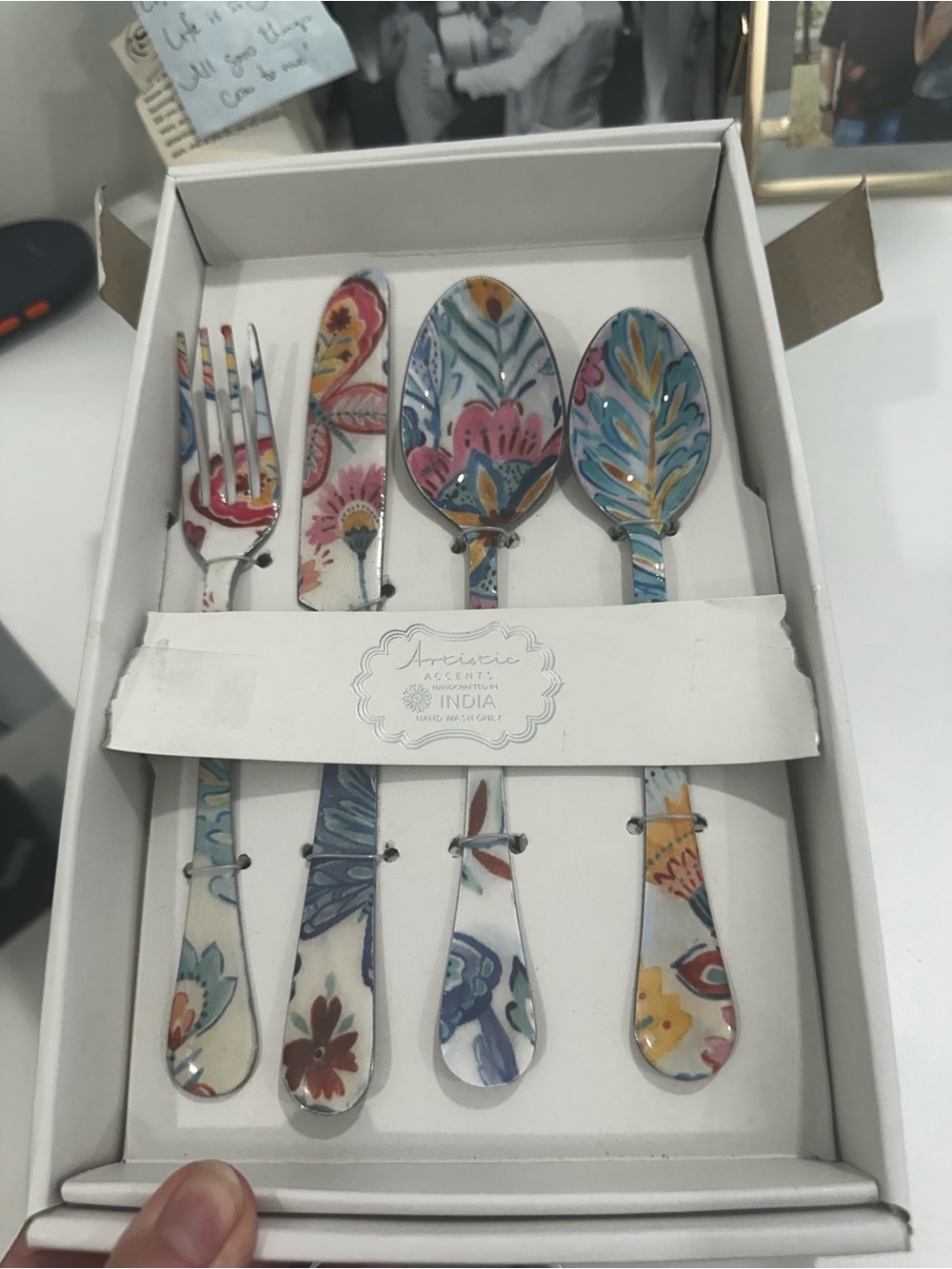 Floral Pattern Cutlery Set - Colorful - Enamel over Stainless - 16 pc set